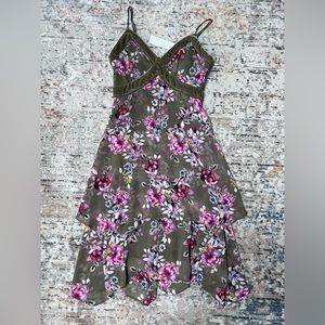 Olive green dress with pink and white floral design w/ velvet trim. Never worn.